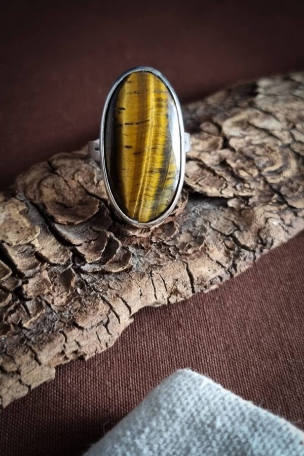 bague en argent avec un œil de tigre ovale serti clos