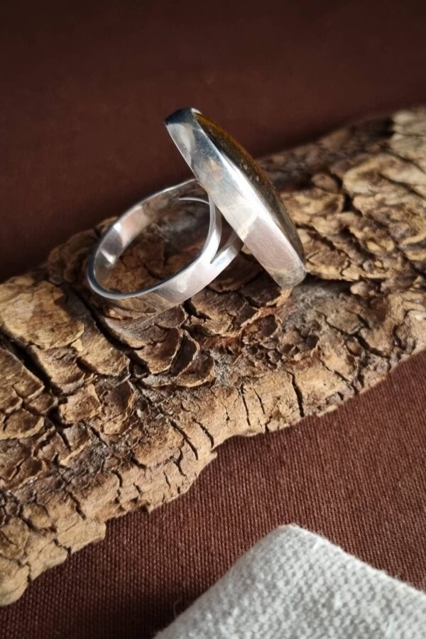 bague en argent avec un œil de tigre ovale serti clos