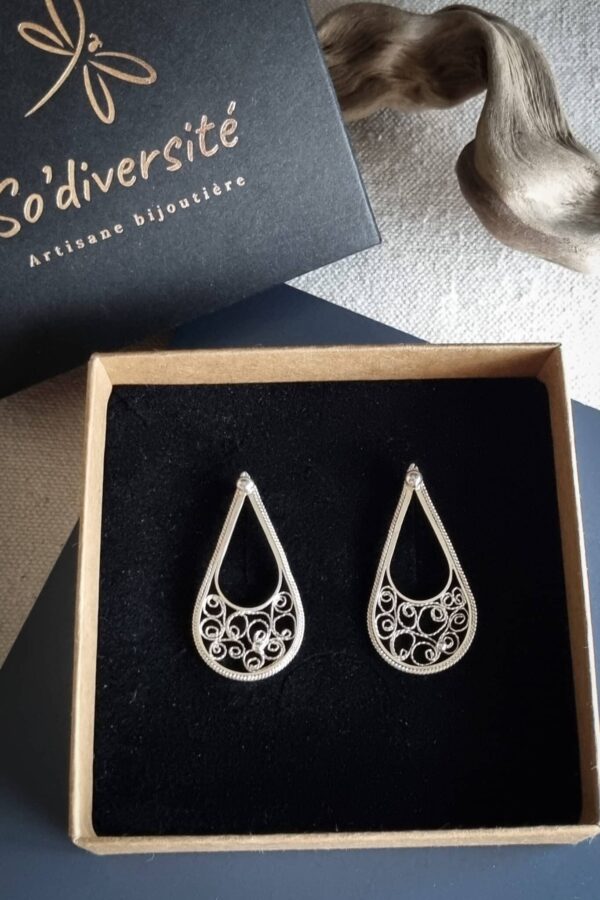 boucles d'oreilles en filigrane argent en forme de goutte